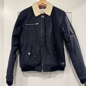 Wesc Navy Blue Bomber Jacket with Cream Shearling Collar